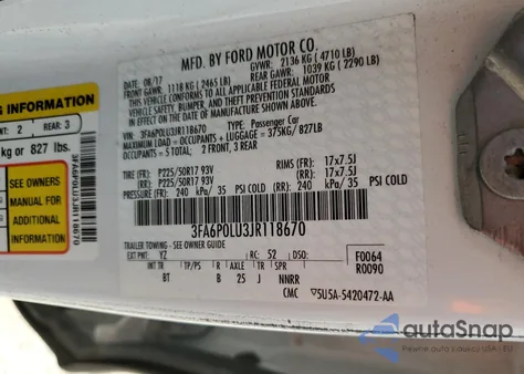 2018 Ford Fusion Se Hybrid z USA, uszkodzony, nr VIN 3FA6P0LU3JR118670